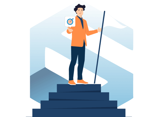 Illustration of a leader standing on steps holding a flag